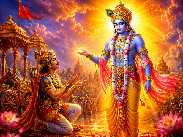 Lord Krishna guiding Arjuna on the battlefield