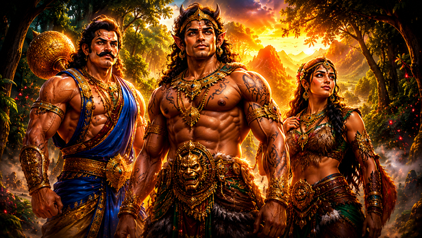Ghatotkacha standing with Bhima and Hidimba