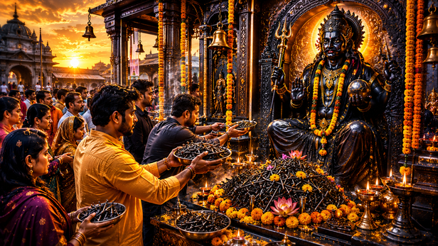 Devotees offering iron at a Shani temple