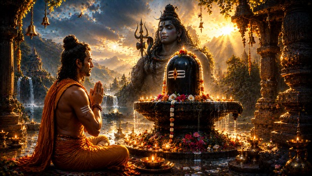 Devotee Chanting Om Namah Shivaya Before Shiva Lingam