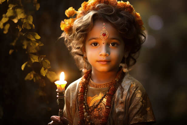 Young Boy Offering Kheer Before Lord Vishnu