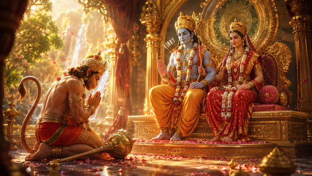 Ancient manuscript of Hanuman Chalisa with glowing divine light