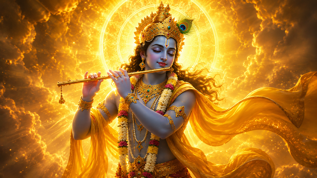 Divine illustration of Lord Krishna radiating golden light