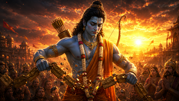 Lord Rama warmly embracing Nishadraj Guha on the banks of the Ganga