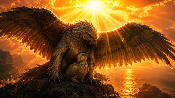 Sampati spreading his wings to shield young Jatayu from the blazing sun