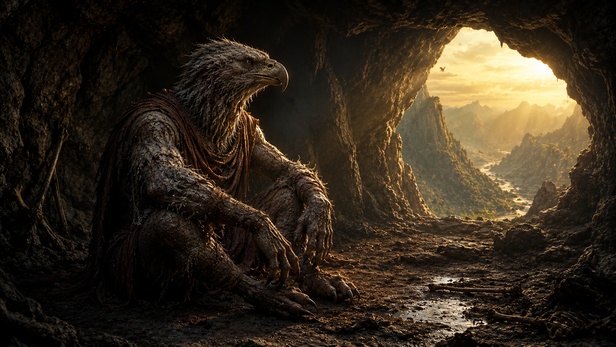 Wingless Sampati sitting alone inside a dark mountain cave