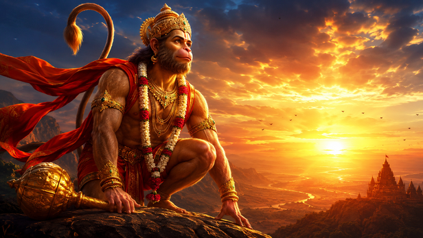 Hanuman calming the frightened King Sugriva in Kishkindha