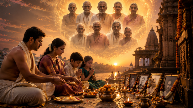 A family offering prayers to their ancestors