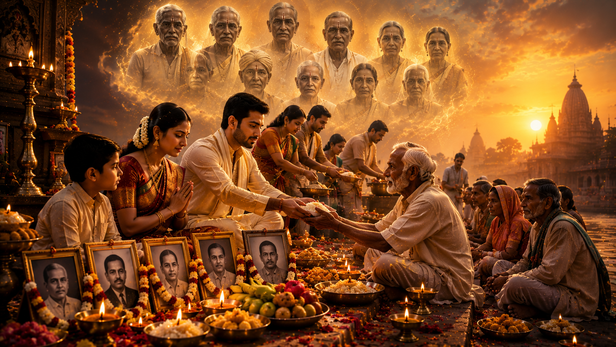 A devotee donating food and clothes during Sankranti