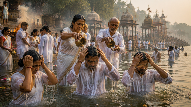 Family members performing ritual bath after cremation