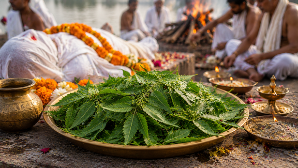 Fresh neem leaves used in Hindu funeral rituals