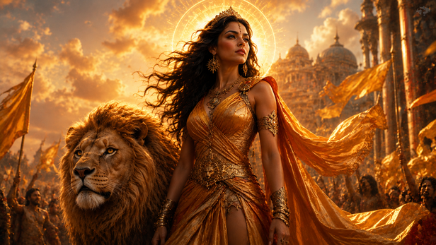 Elegant Woman Surrounded by Golden Light