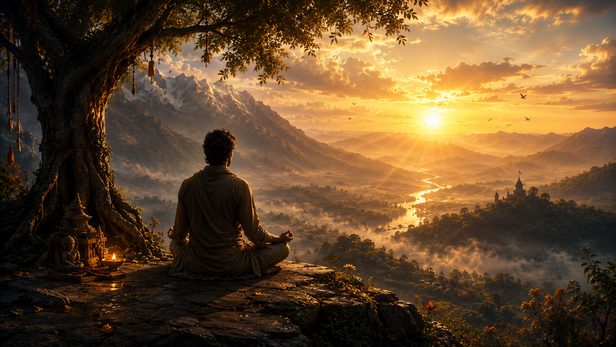 A person looking at the sunrise in deep thought