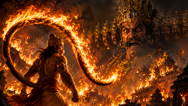 Hanuman standing fearlessly in Ravana's royal court