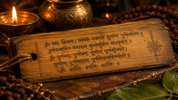 Sacred Sanskrit Mantra Written on Palm Leaf