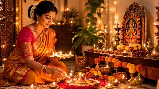 Woman performing a traditional diya ritual at home