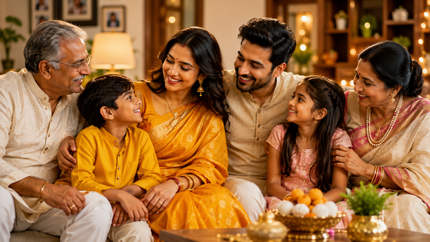 Smiling woman spending quality time with her family