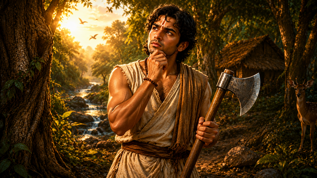 Chirakari holding an axe while lost in deep thought