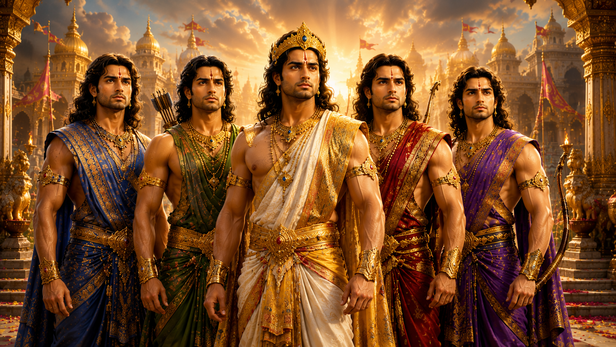 The five Pandavas standing together in royal attire