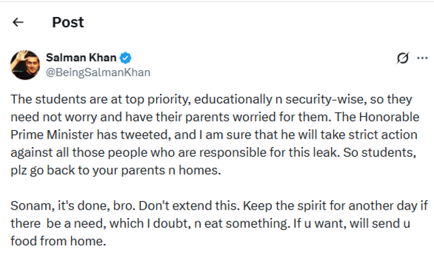 Salman Khan's post urging Sonam Wangchuk to end his hunger strike