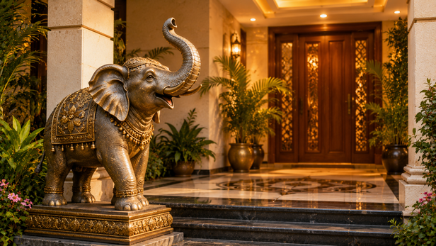 Elephant Statue with Raised Trunk at Home Entrance