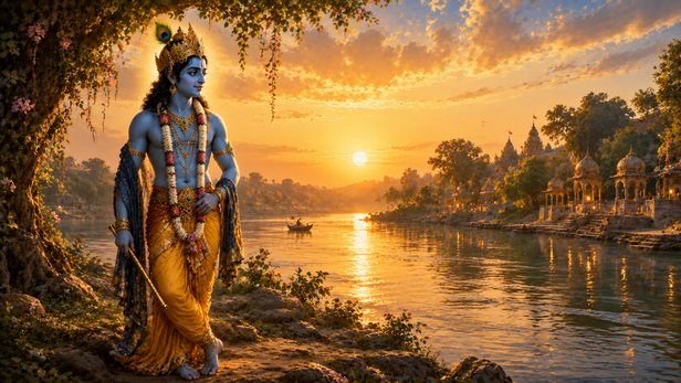 Lord Krishna Standing Calmly Beside a River