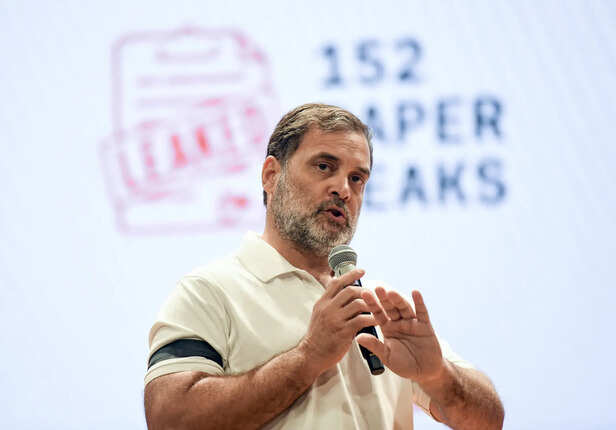 Lok Sabha LoP and Congress MP Rahul Gandhi addresses a ...