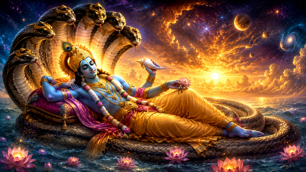 Lord Vishnu resting on Ananta Shesha