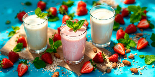 Sweet lassi, chaas and rose milk served in traditional glasses