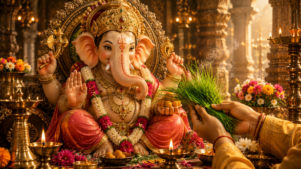 Lord Ganesha with Durva grass during worship