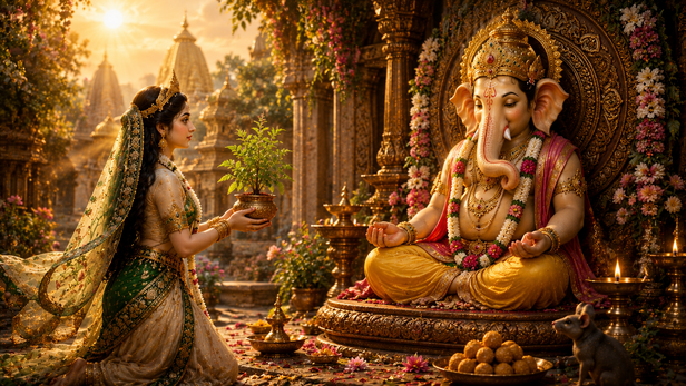 Goddess Tulsi approaching Lord Ganesha in meditation