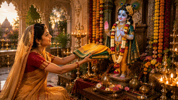 Devotee Offering Clothes to Krishna