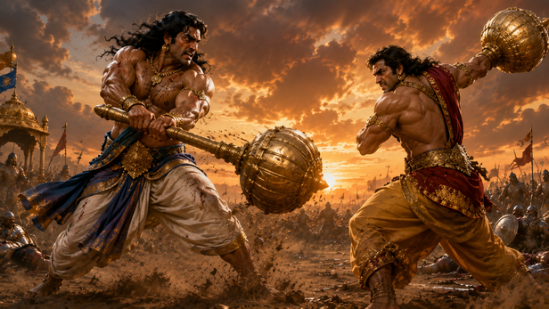 Bhima and Duryodhana Fighting With Gadas