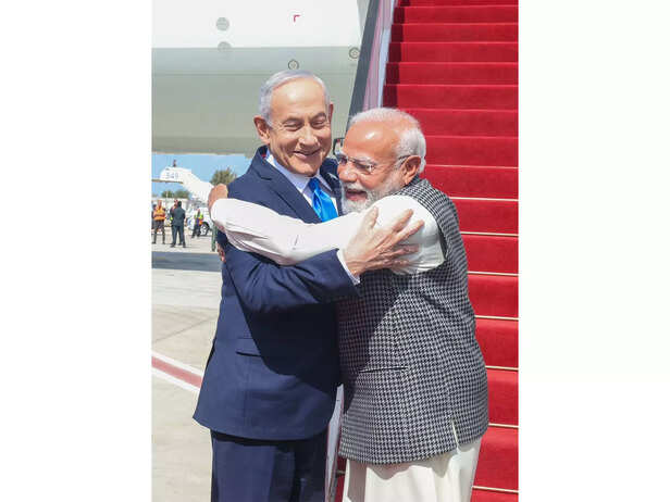 "Narendra Modi and Benjamin Netanyahu during a bilateral meeting