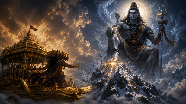 Lord Shiva pressing Mount Kailash with His toe