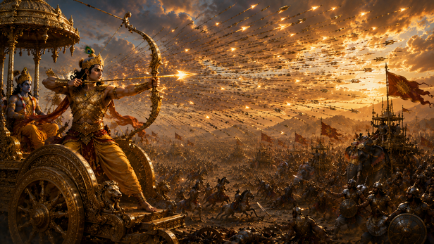 Arjuna shooting countless arrows during Kurukshetra