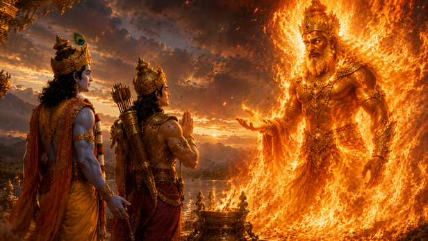 Lord Krishna and Arjuna meeting Agni Dev