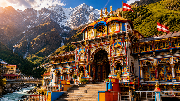 Badrinath Temple with colorful mountain backdrop
