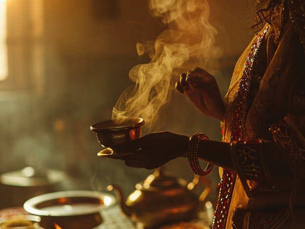 Ancient Indian woman using sambrani dhoop after bathing