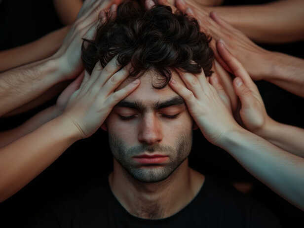 Person surrounded by negative thoughts