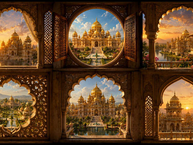 A grand palace viewed through different windows