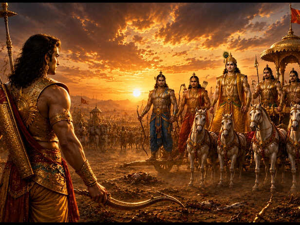 Karna facing the Pandavas on the battlefield