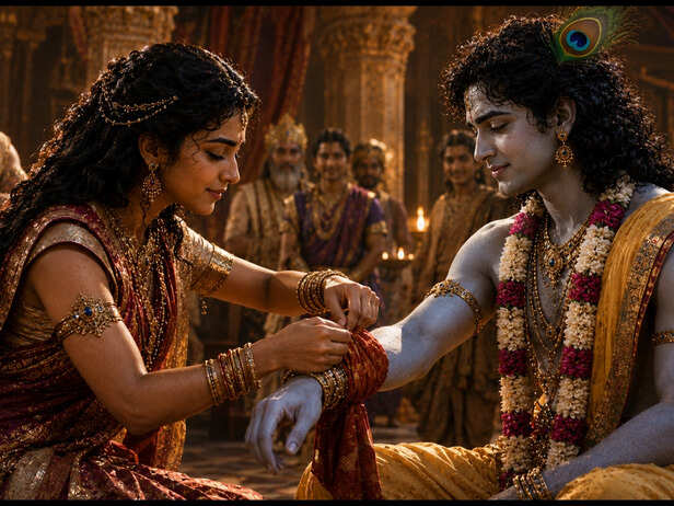 Draupadi Ties Cloth Around Krishna’s Wrist