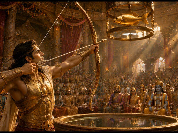 Arjuna aiming at the rotating golden fish