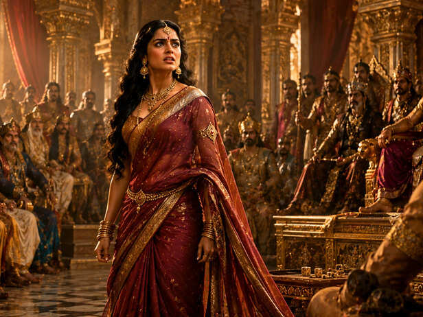 Draupadi standing in the Hastinapur royal court