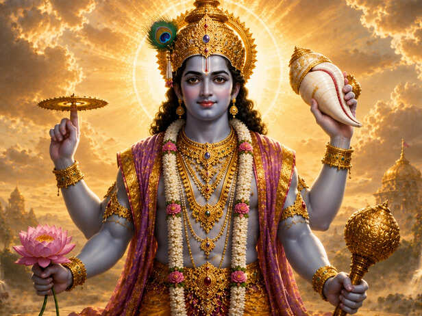Lord Vishnu with four arms and sacred symbols