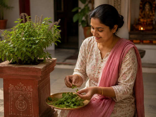 Woman picking tulsi leaves