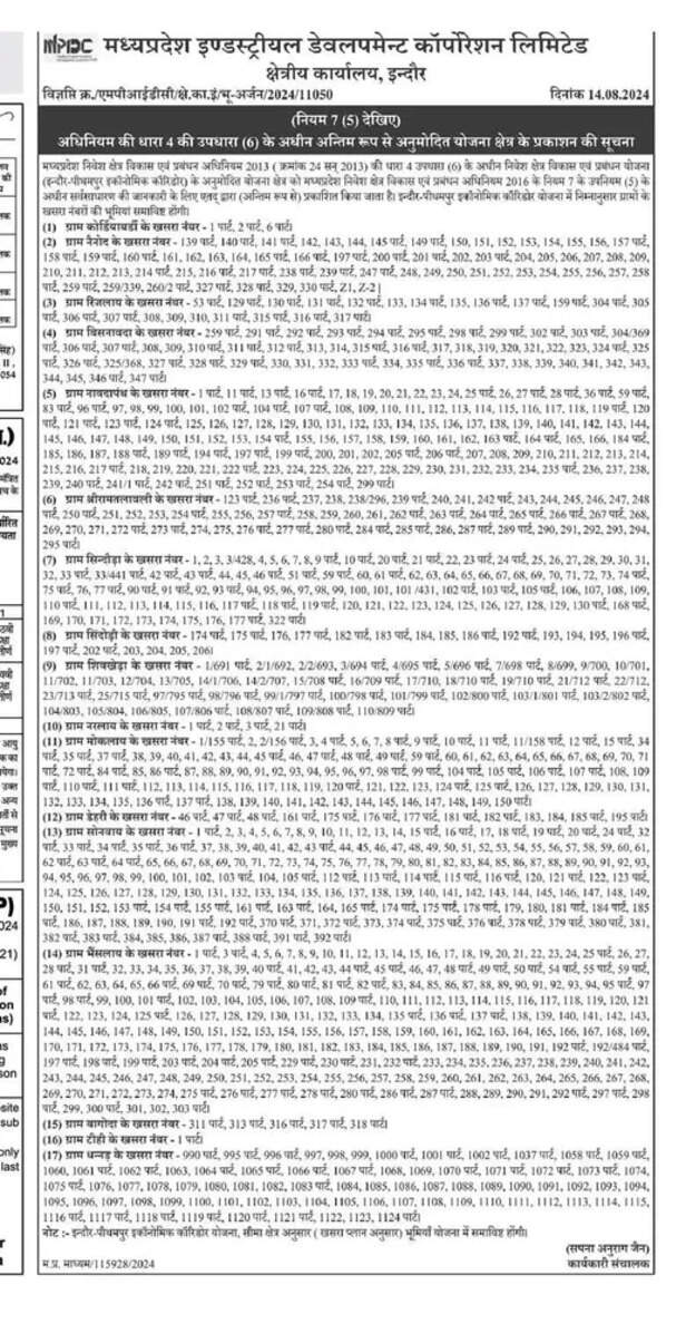 पीथमपुर इकोनॉमिक कॉरिडोर जारी सर्वे नंबर की सूची