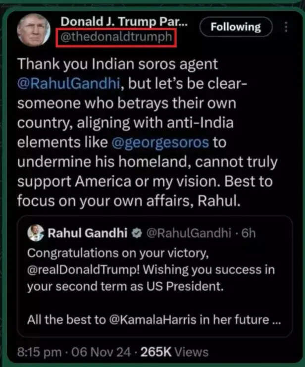Donald Trump x post calling Rahul Gandhi a George Soros 