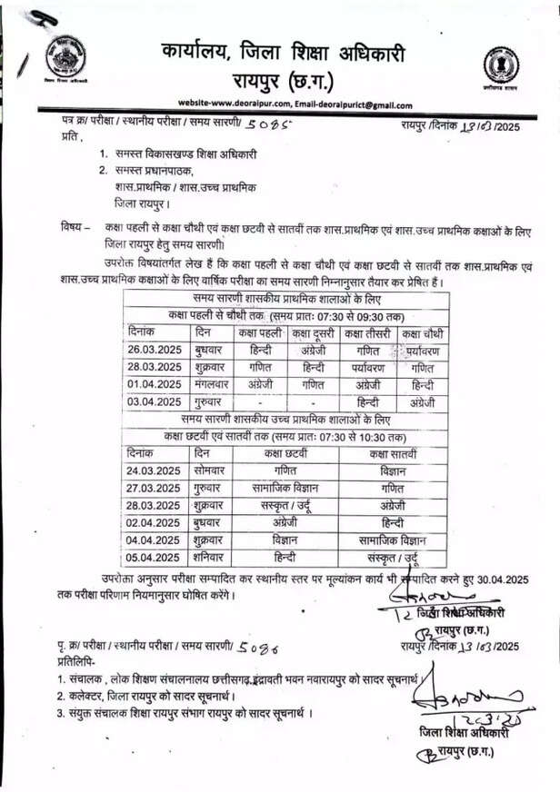 पहली से पांचवी और छठवीं से आठवीं तक की परीक्षा के लिए टाइम टेबल जारी